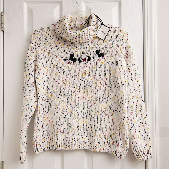 Disney Mickey Mouse Chunky Knit Sweater Multicolor Confetti Embroidered NWT - Picture 1 of 5
